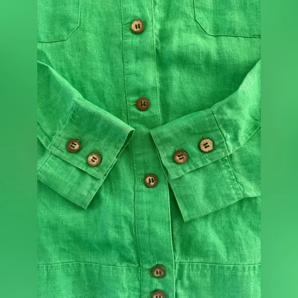 Chicos 100% Linen Button Down Shirt Jacket Sz 2 US L Kelly Green Long Sleeve - Image 11