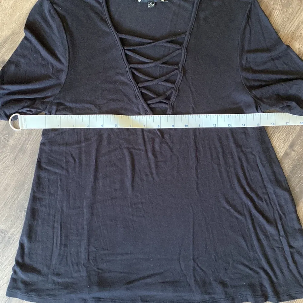 Solid Black V-neck cut out lace up choker shirt - Image 2