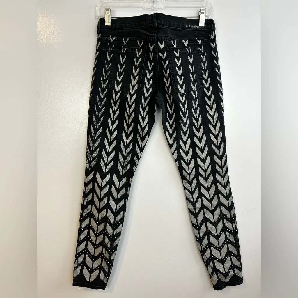 Current/Elliott The Ankle Black/White Chevron Skinny Denim Jeans Rhinestones 25 - Image 6