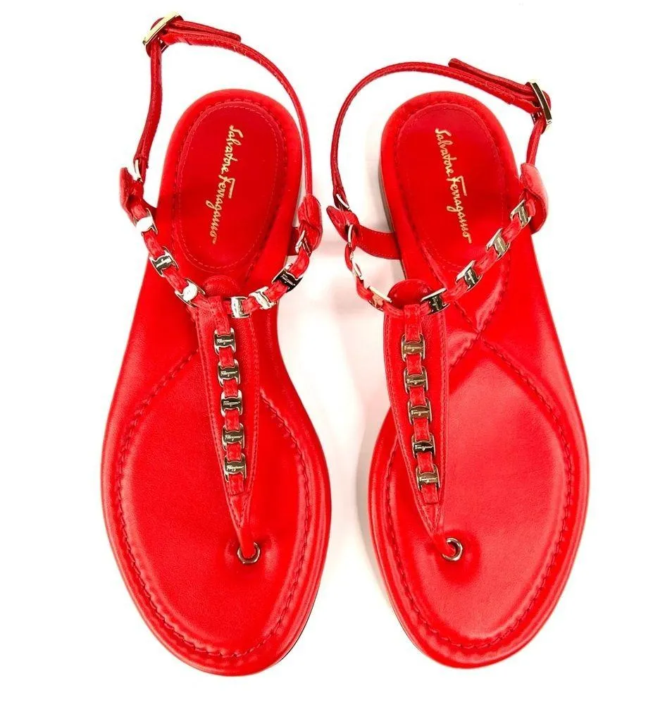 SALVATORE FERRAGAMO TAHITI CORAL LEATHER T-STRAP FLAT SANDALS SIZE 7.5 D - Image 3