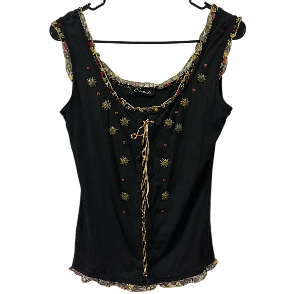 Brivido Made in Italy Black Lace Up Embellished Floral Ruffle Tank Top Large - Image 7
