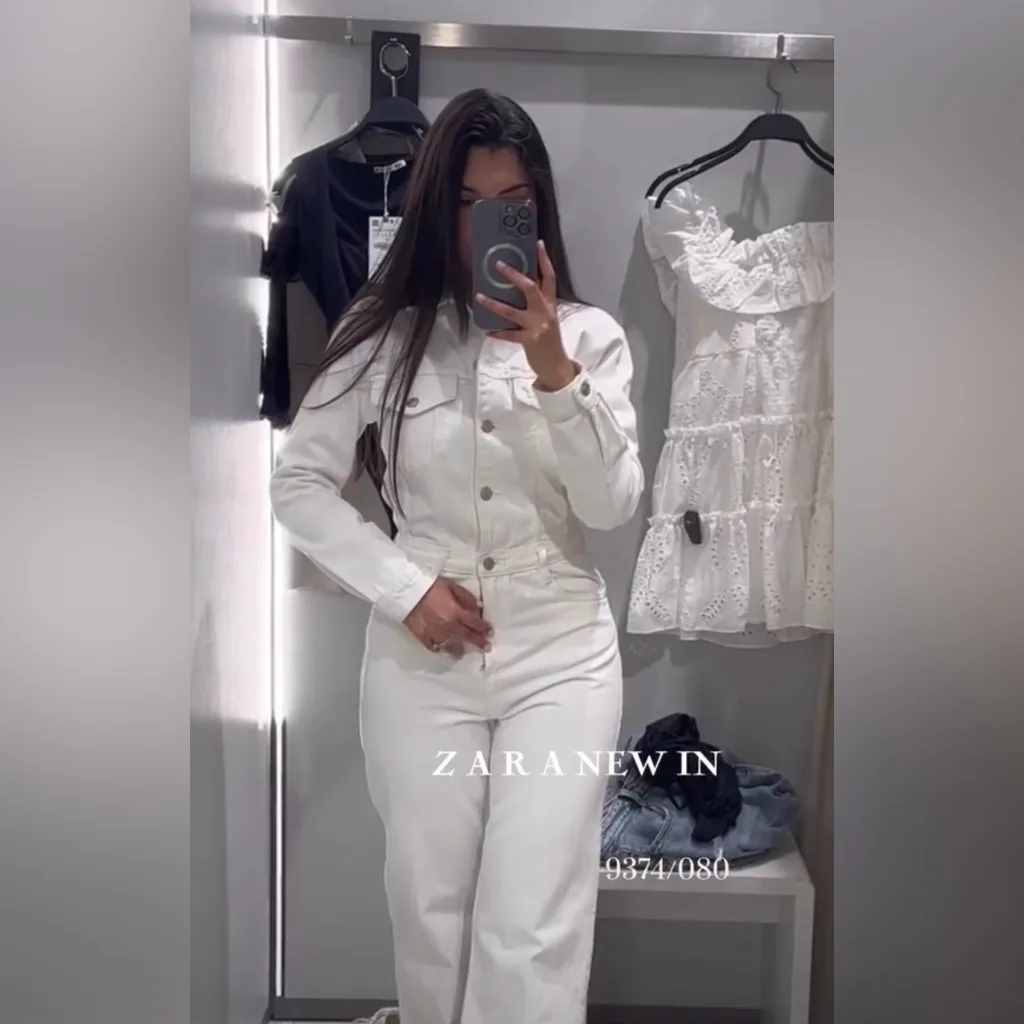 NWT ZARA TRF WIDE-LEG DENIM JUMPSUIT OYSTER WHITE - Image 8