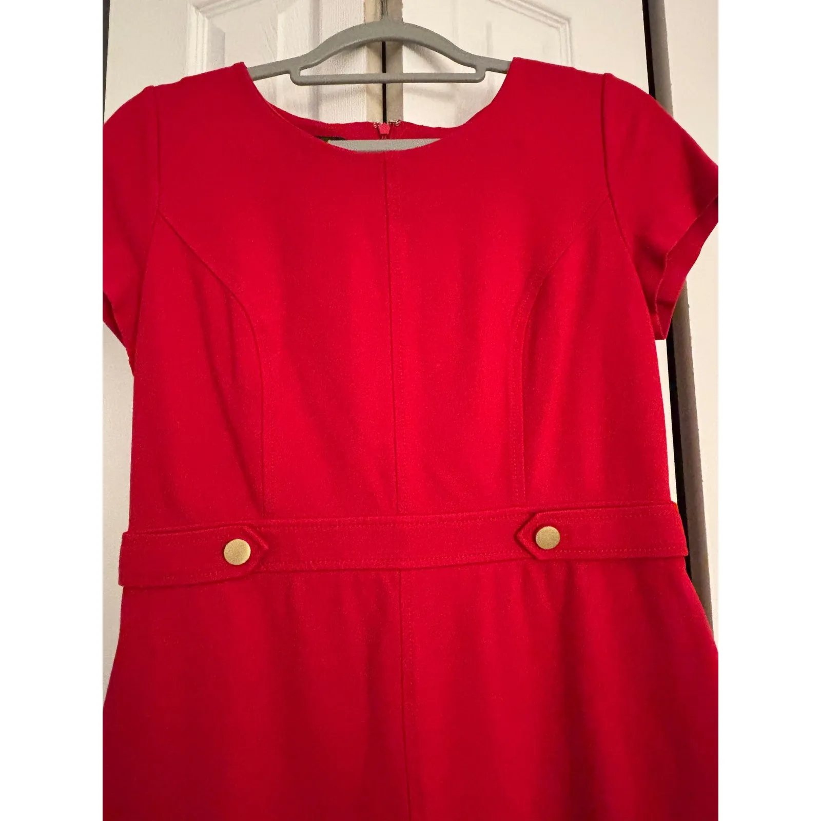 Talbots Red Ponte Sheath Dress Size 8P Classic Style, Gold Button waist accent - Image 6