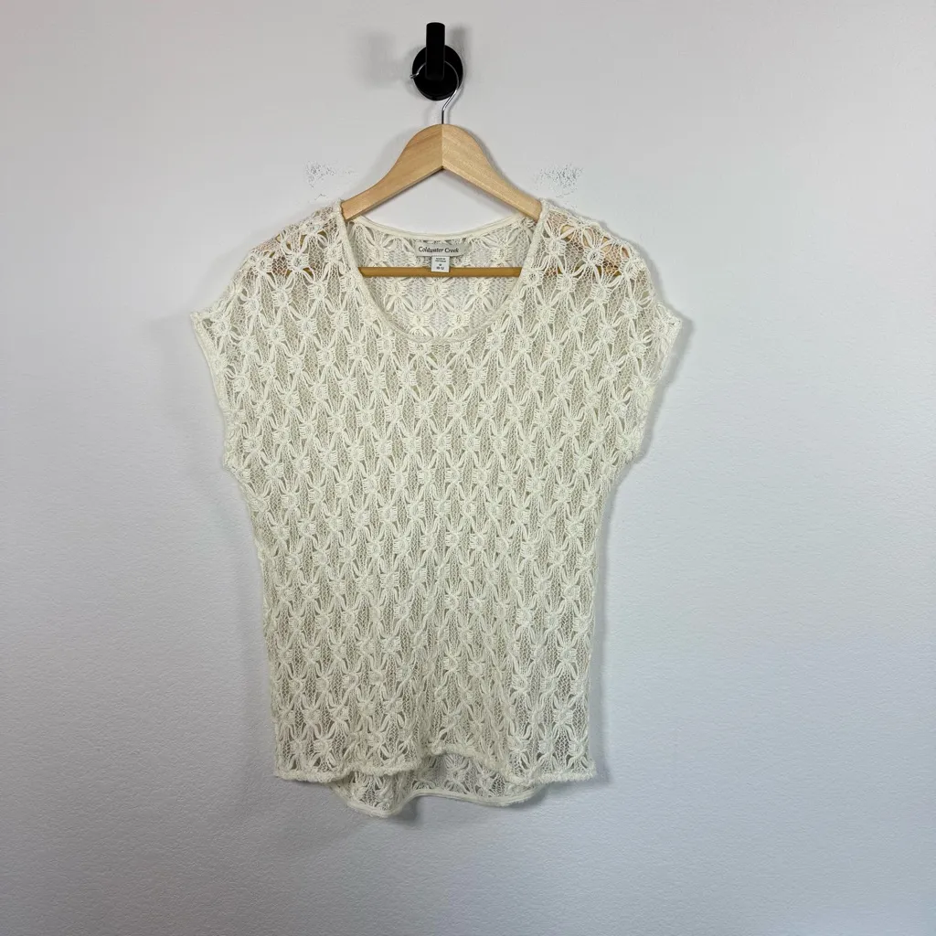 Coldwater Creek Women’s Open Knit Crochet Top Ivory/Tan Size M - Image 5