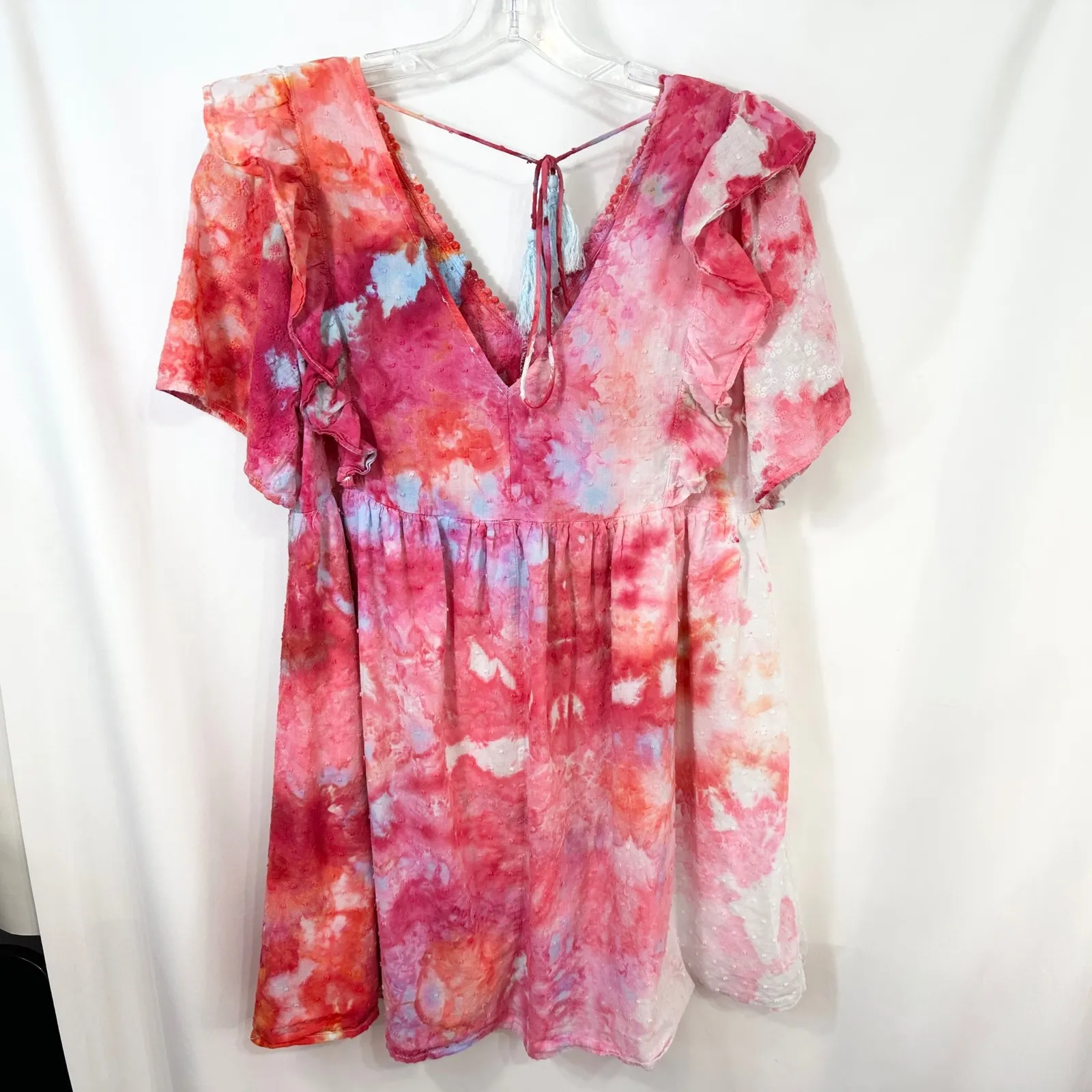 Umgee‎ Small Dress Handmade Tie Dye Ruffle Short Sleeve Mini Pink White 1322 - Image 2