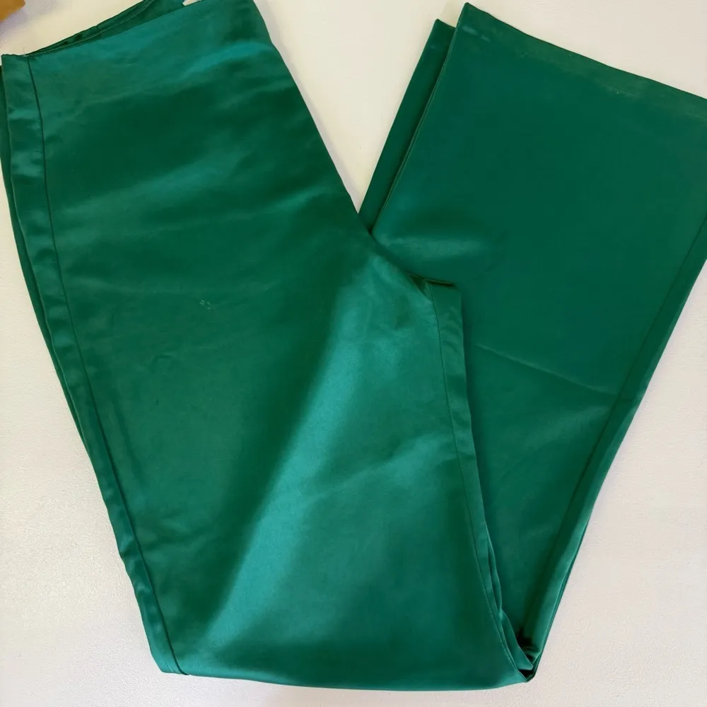 Jason WU Designer Emerald Green Satin Pants Straight Wide High Rise Size 6 - Image 4