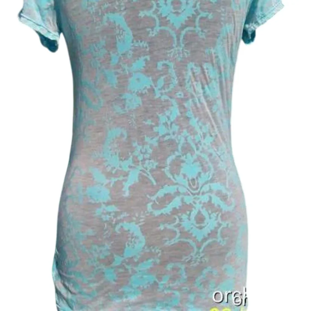 Cache Blue Stretch Bamboo Flower Burn Out Tee Top Peek A Boo Soft V Neck NWT $78 - Image 5