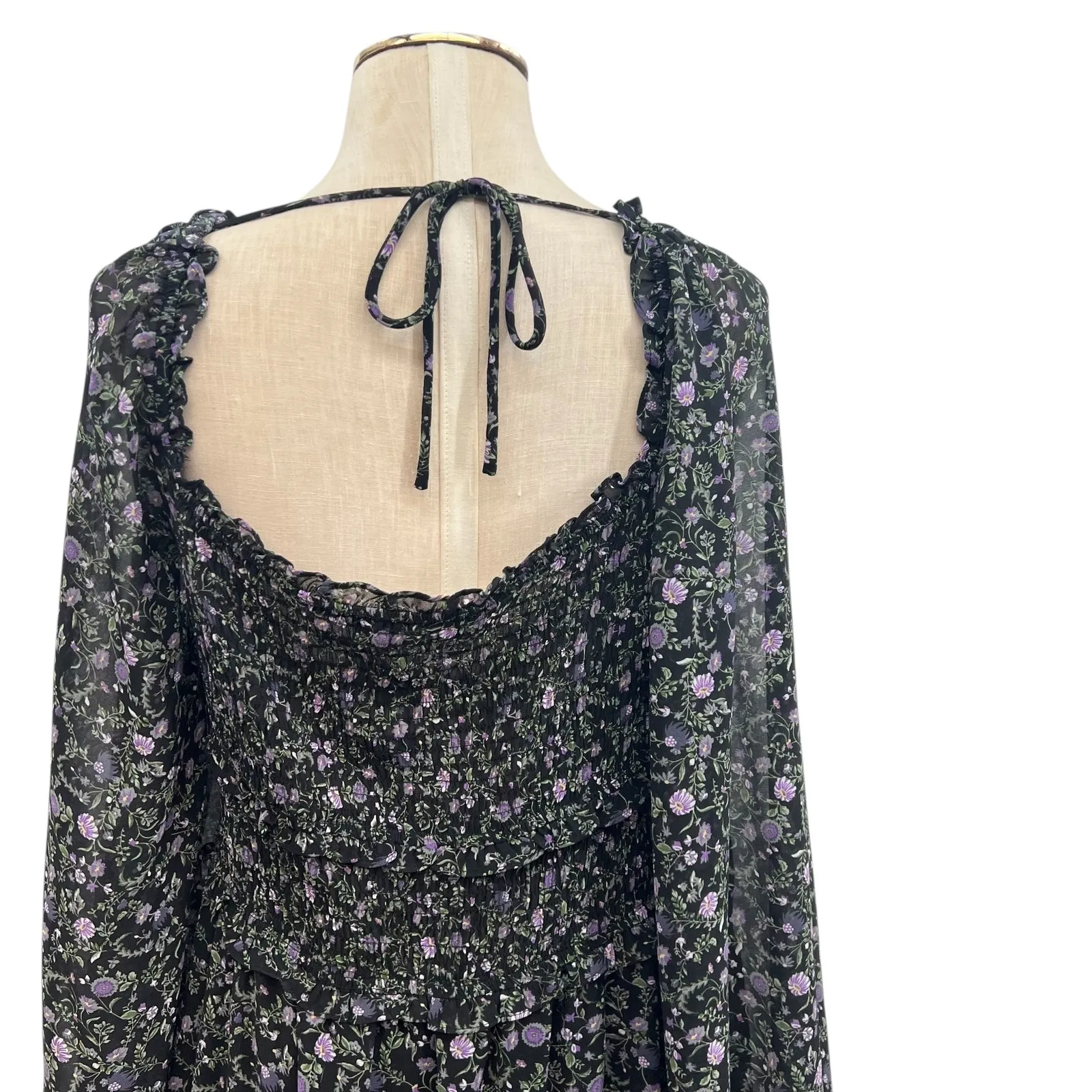 Astr the Label Dress Maxi Smocked Long Sleeve Floral Print Black Purple Size XL - Image 12