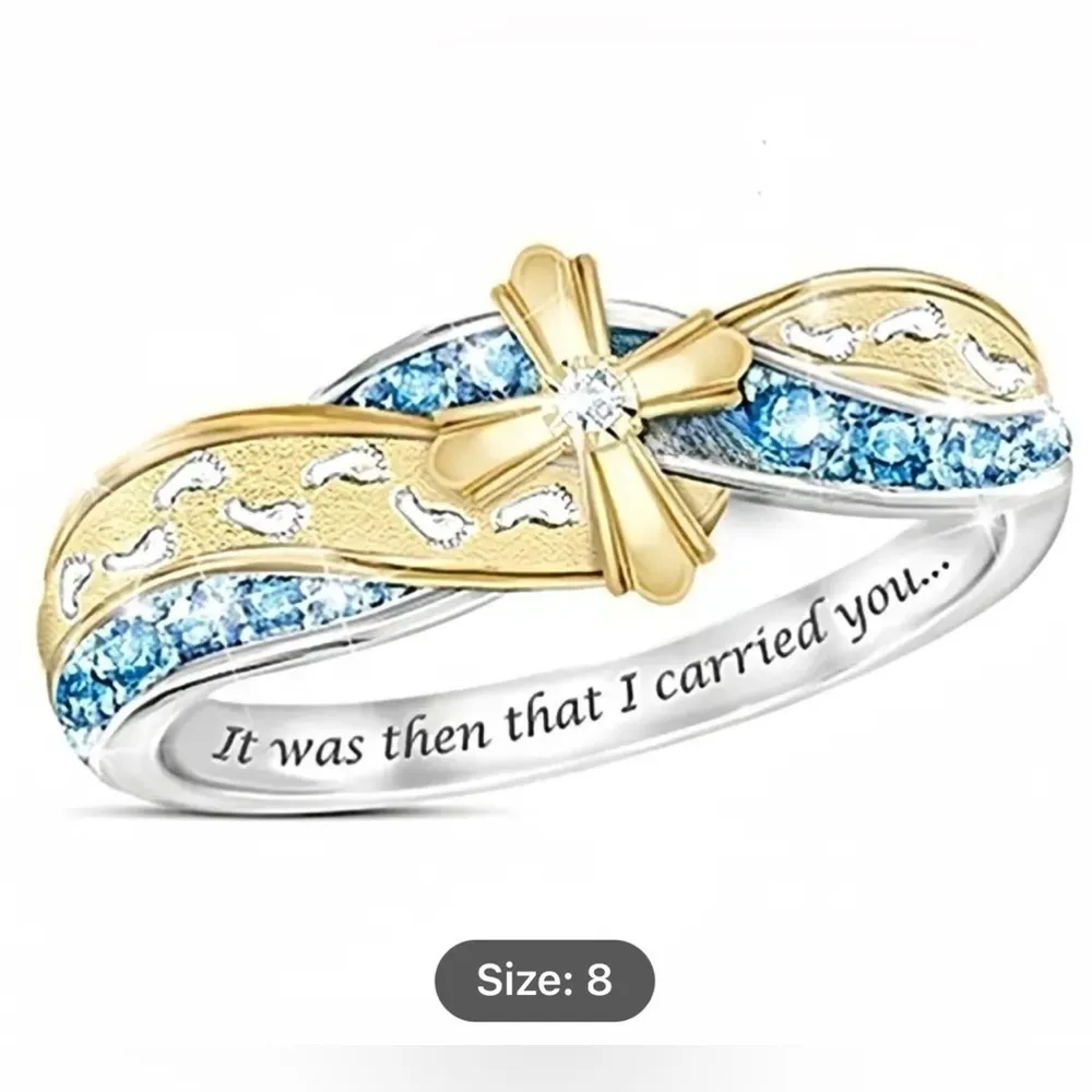 Cross Footprints in the Sand “It was then I carried you” Ring Size 8 Blue - Image 2