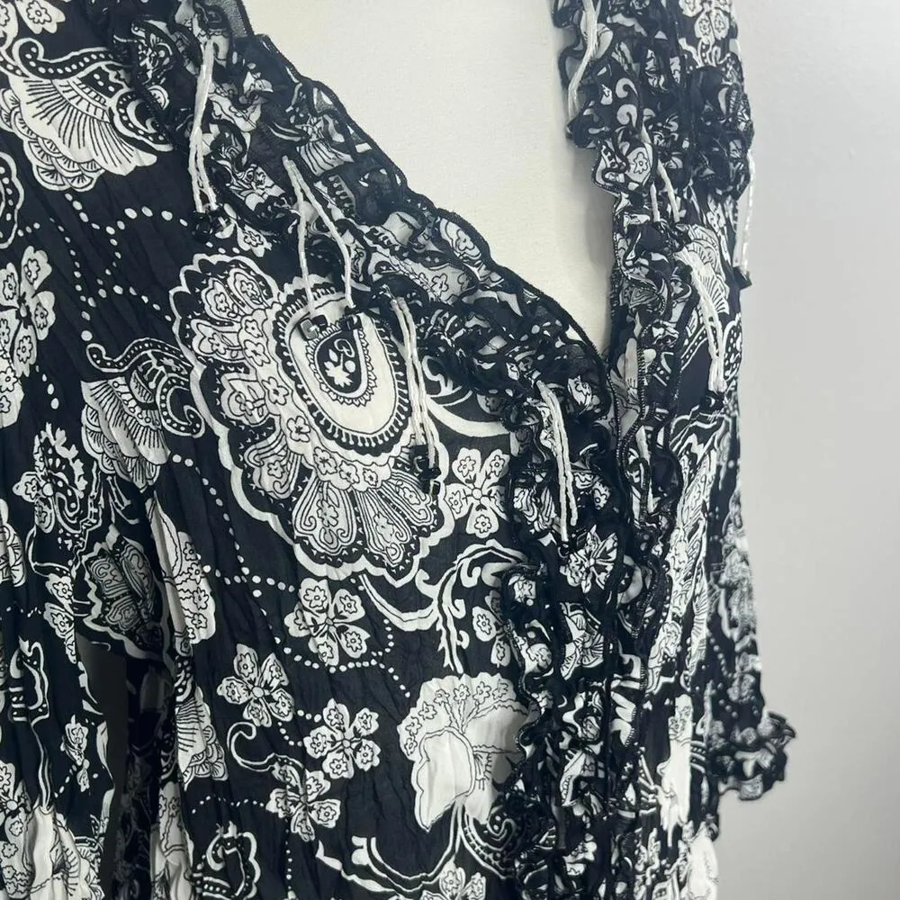 Vintage Y2K Agoral Ruffle Blouse Size Large Black White Floral Whimsygoth - Image 2