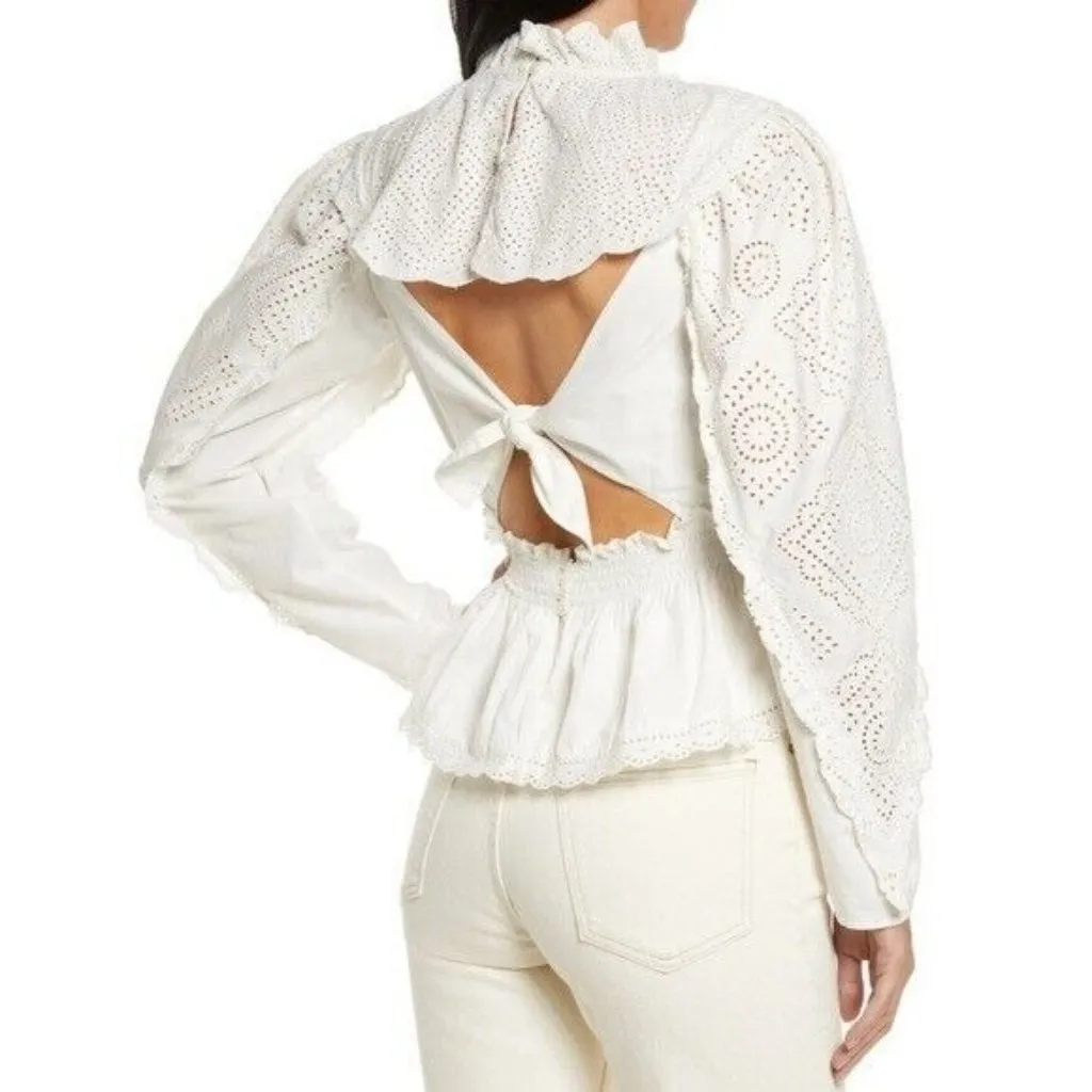 NWT Sea New York Vienne Eyelet Lace Open Back Cotton Blouse White Size 8 - Image 3