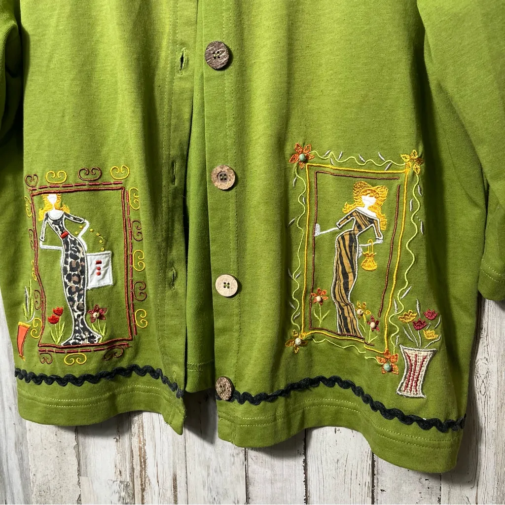 Vintage 90s Onque‎ Olive Green Button Cardigan Fashion Embroidered Womens Medium - Image 2