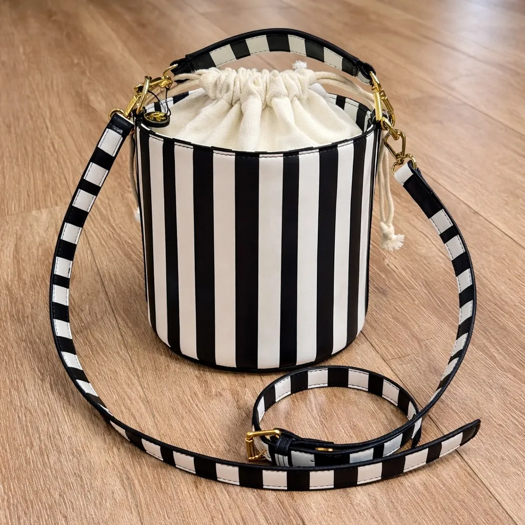 NWT Lionel Black & White Striped Bucket Bag Drawstring Crossbody Handbag - Image 1