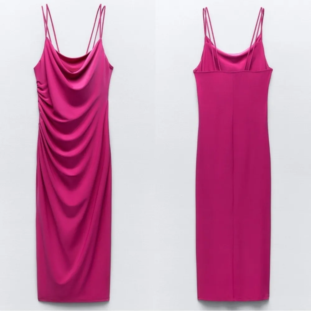 Zara Women’s Draped Neckline Midi Dress Sleeveless Blogger Favorite in Fuchsia M - Image 3