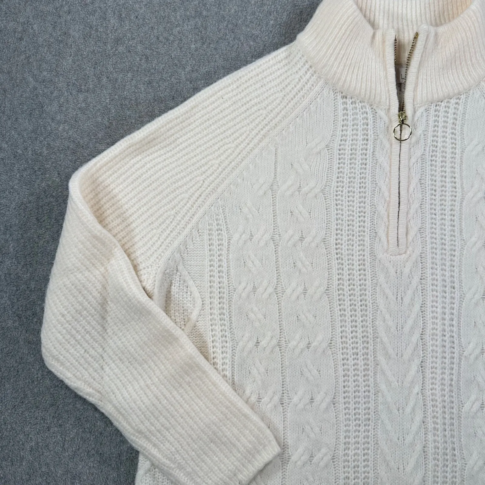 Ann Taylor LOFT Cable Knit Quarter Zip Sweater Women's Medium Winter White Cozy - Image 3
