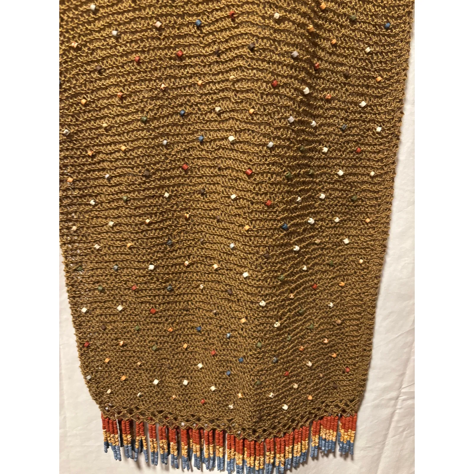 Vicky Moreinis Brown Knit Beaded Swimwear Cover up Dress Beaded Fringe Stretch - Image 5