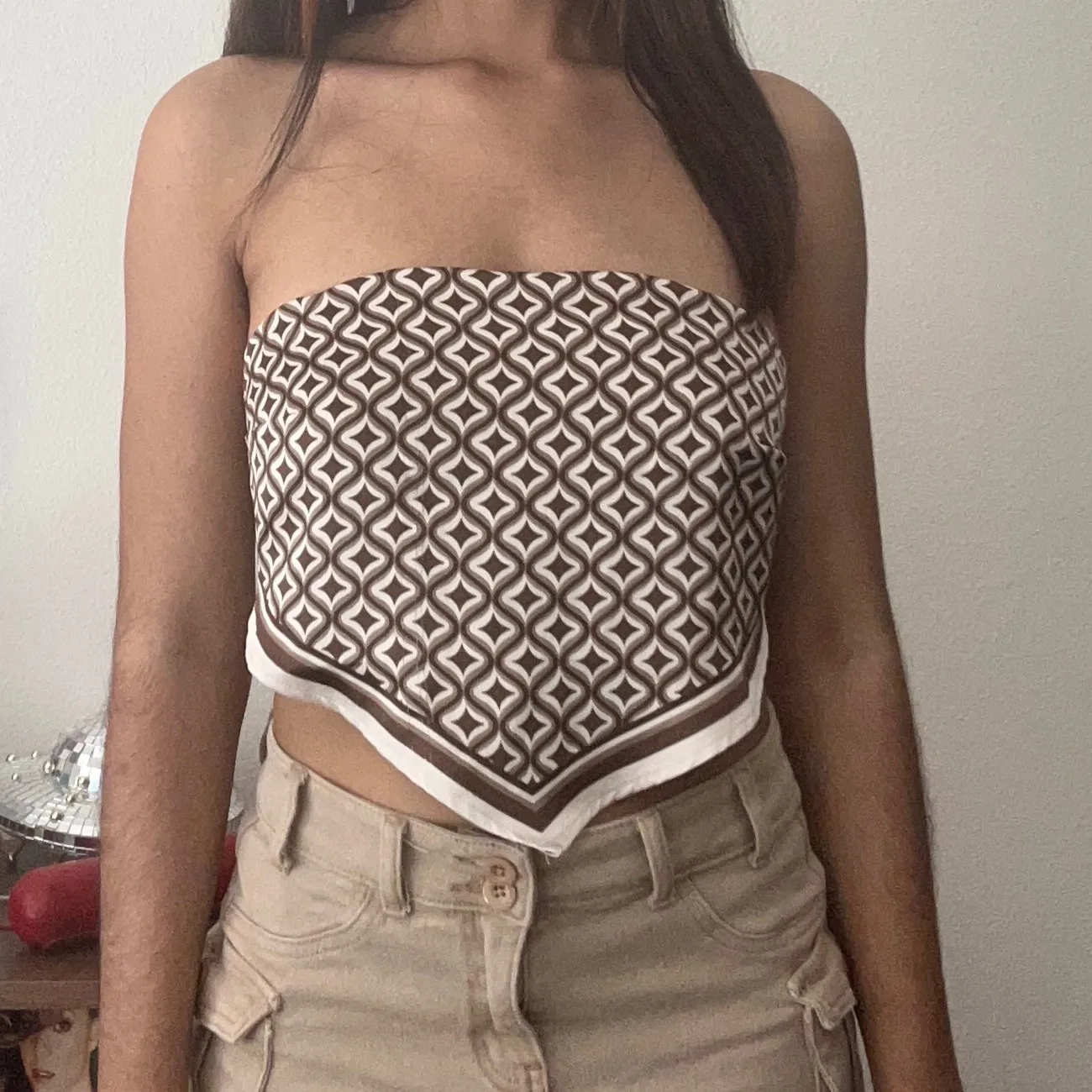 Garage Brown Pattern Scarf Top Retro Print Tie‎ Back Tube Top Small - Image 2