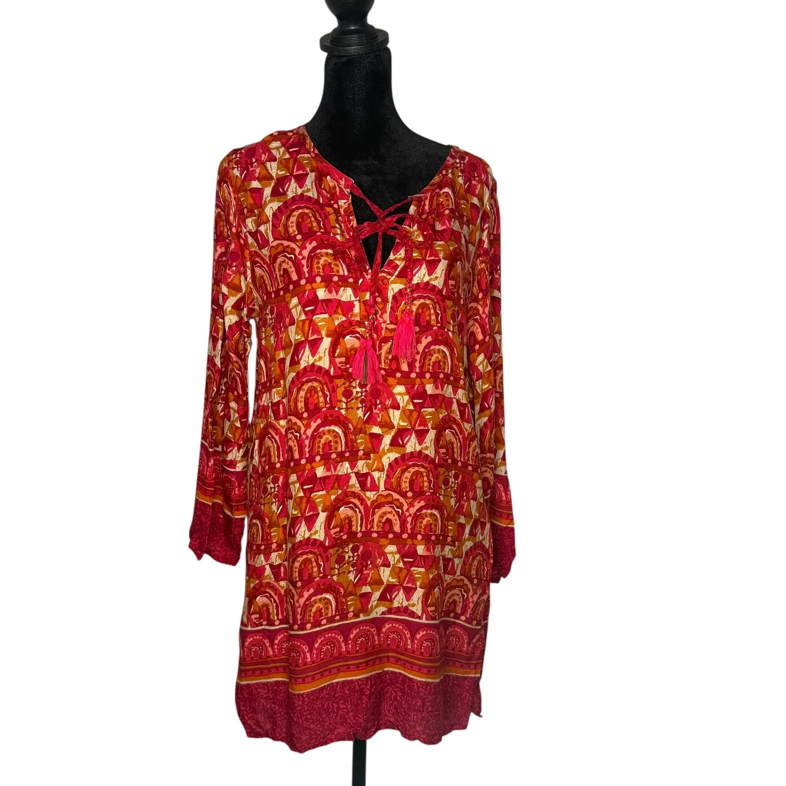 Rock Flower‎ Paper Beach Cover Up Tunic Top Women S BOHO Ethnic Tribal Print NEW Red - Image 5