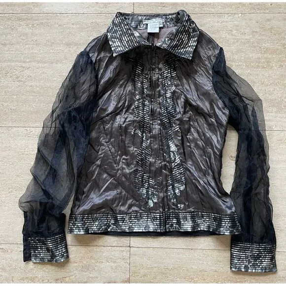 Alberto Makali Sheer Black Evening Blouse with Metallic Trim Elegant Party Top - Image 1