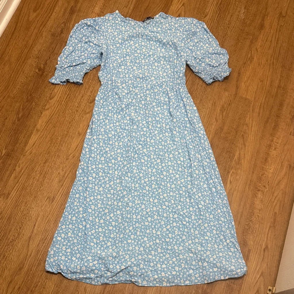 Zara X-Small Baby Blue Ditsy Floral Short Puff Sleeve Ruffle Maxi Dress Long - Image 2