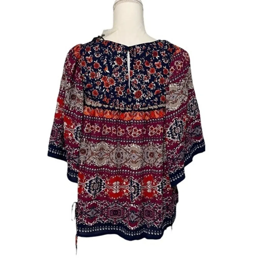 NWT Navy Orange Purple Floral Print Loose Pleated Blouse Top New Batwing Sleeves - Image 3