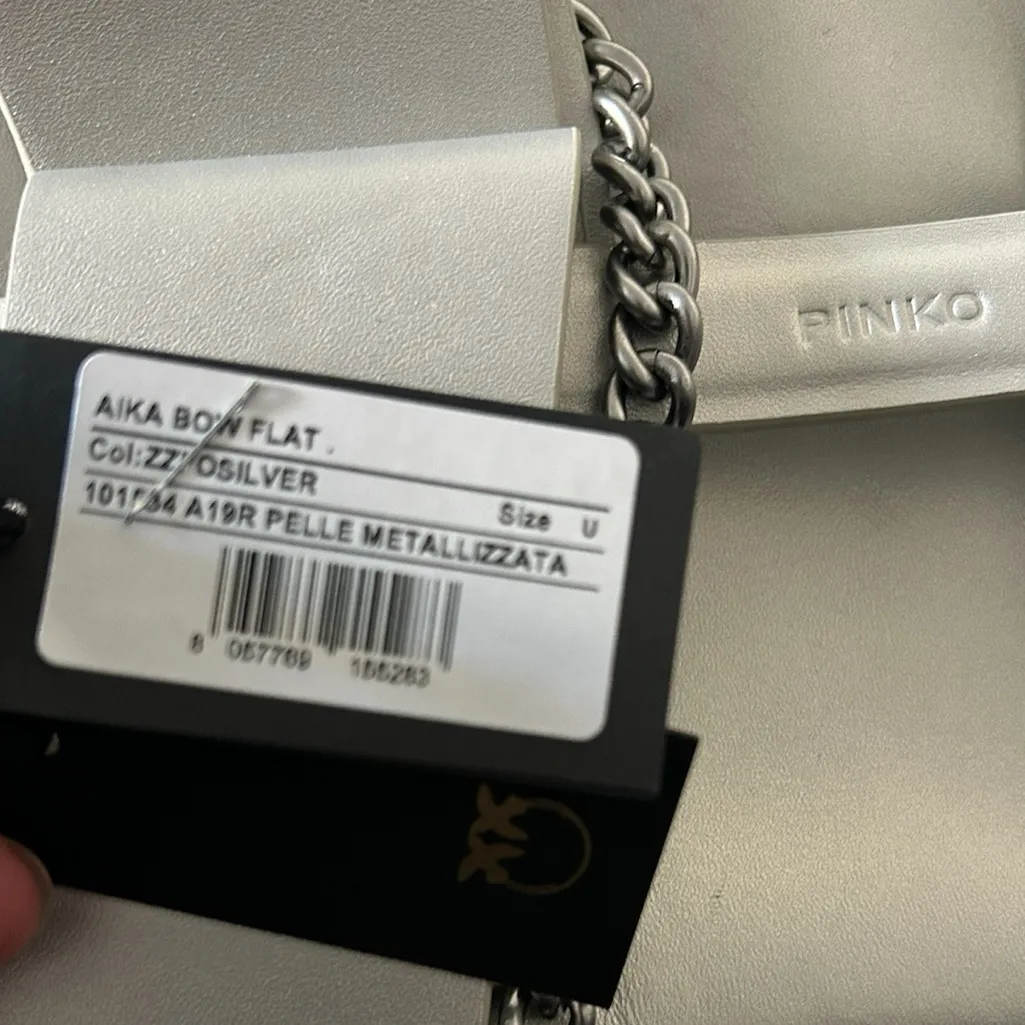 PINKO Aika Bow Flat Leather Crossbody Bag NWT Silver - Image 12