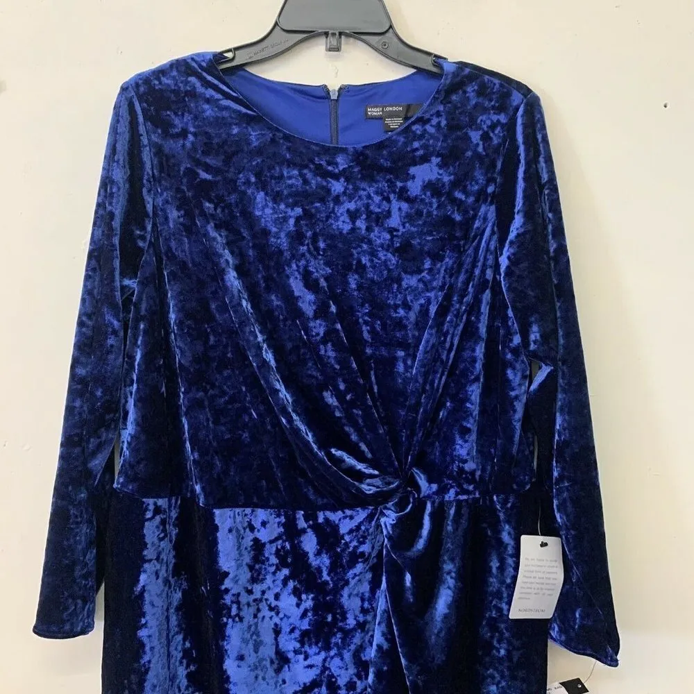 Maggy London Womens Blue Crushed Velvet Soft Drape Sheath Cocktail Dress Sz 16W - Image 3