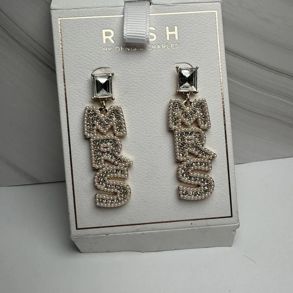 Rush Denis & Charles Rhinestone Faux Pearl MRS For Bride Pierced Dangle Earrings Gold - Image 7