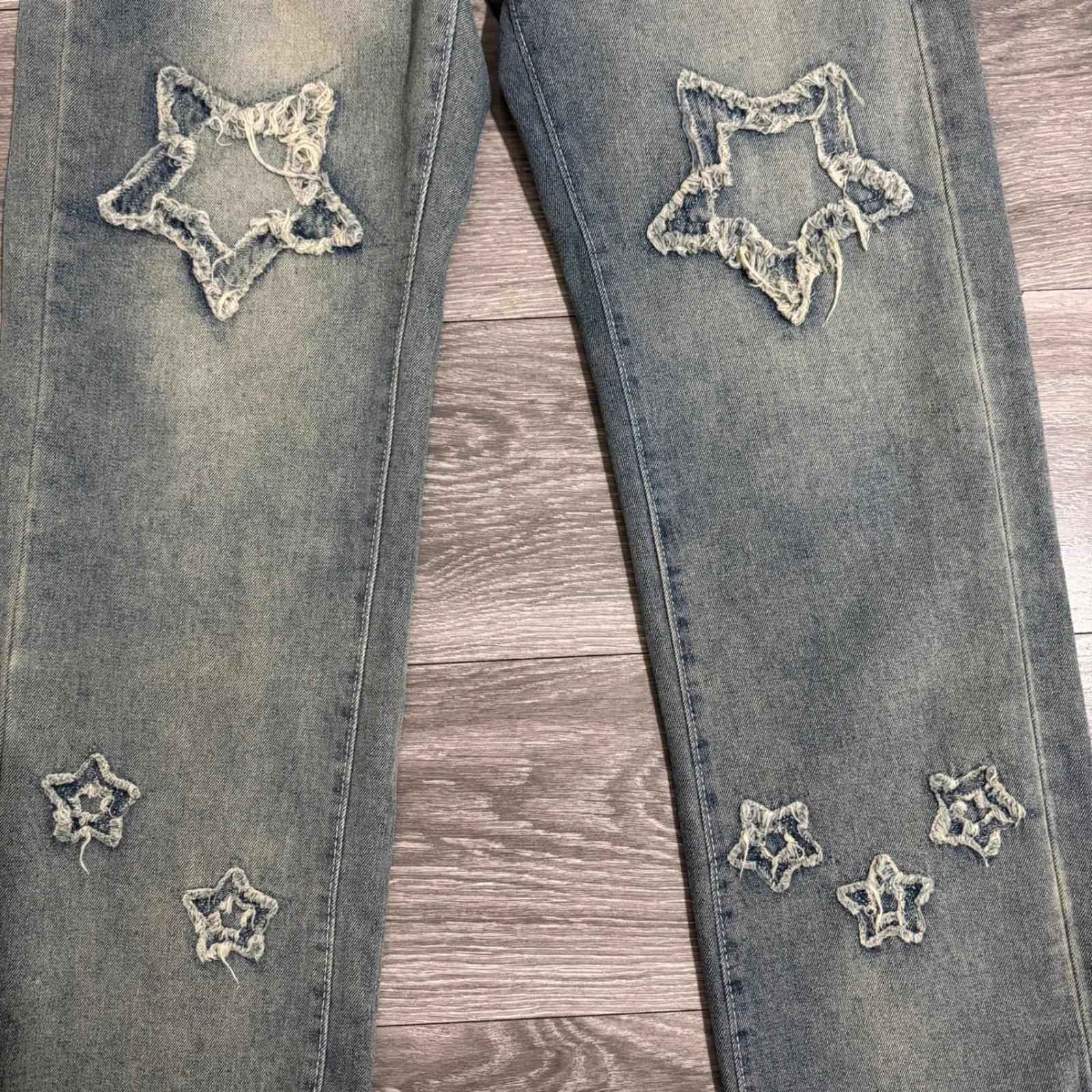 ROMWE Women's Blue Distressed Star Patch Wide Leg Skater Jeans Size M Frayed Y2K - Image 3
