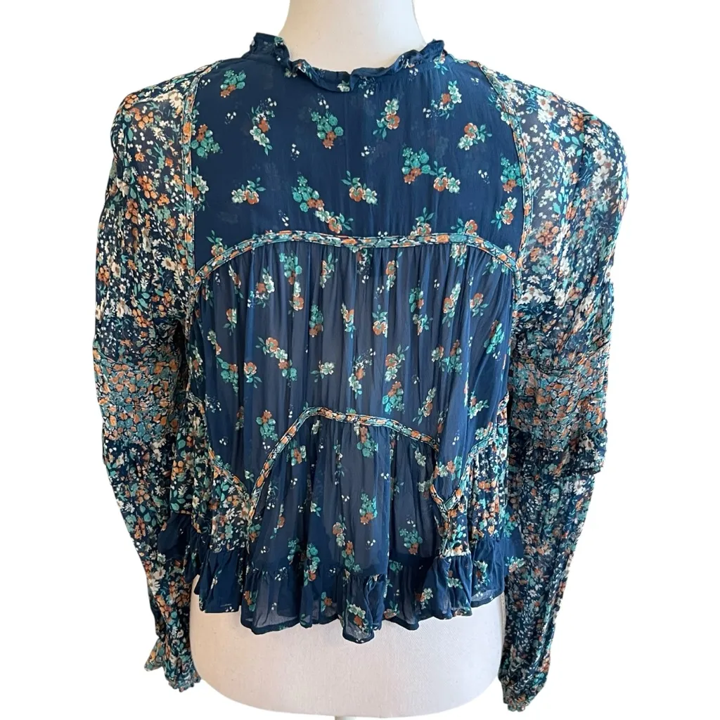 Anthropologie Womens Babydoll PeasantTop Size L Floral Boho Sheer Croppped Blue Size L - Image 6