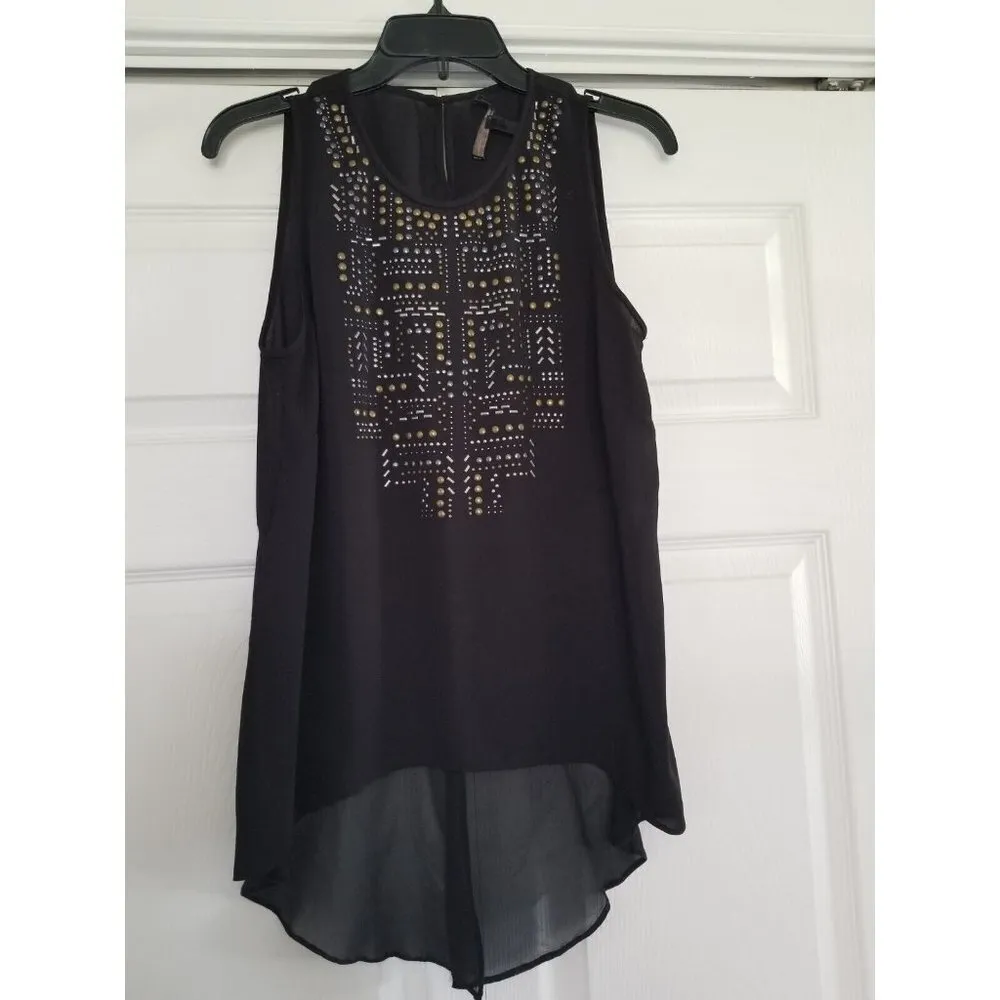 BCBGMaxAzria  Danna Top Black Semi Sheer w/Brass & Silver Studs Womens Size S - Image 2