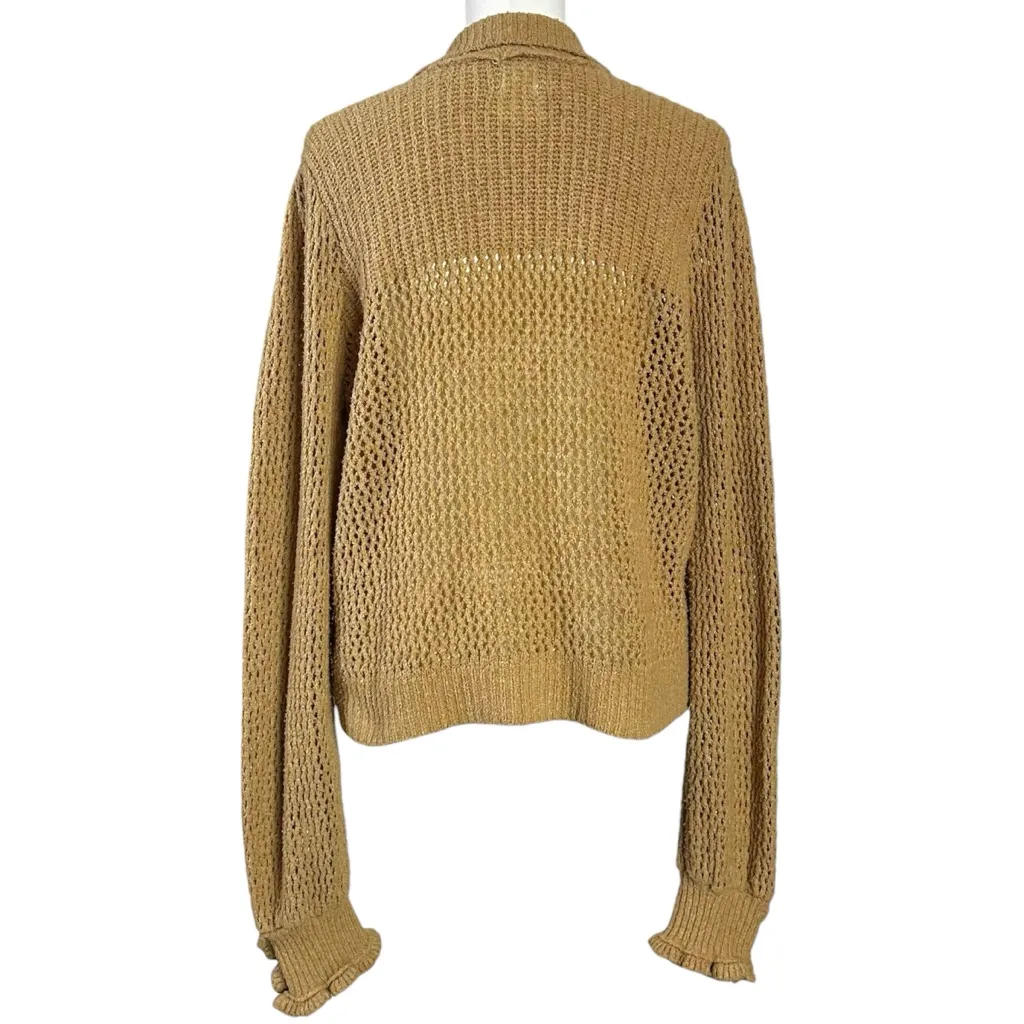 Free People Ethereal Dainty Open Knit Snowdrift Crochet Sweater Large Tan Camel - Image 6