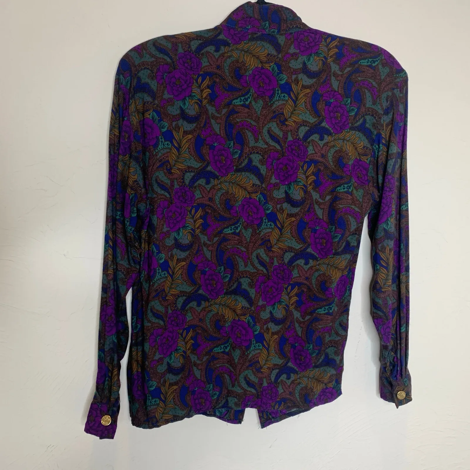 Vintage Dark Floral Brown Purple Blue Blouse Gold Buttons Sz Medium - Image 5