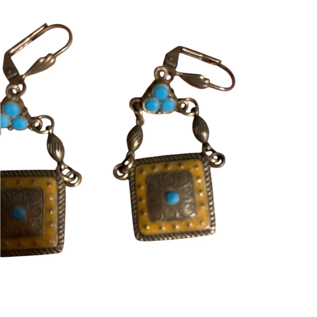 Silver Tan Enamel Turquoise Dangly earring square Gives native , Boho Western Yellow - Image 2