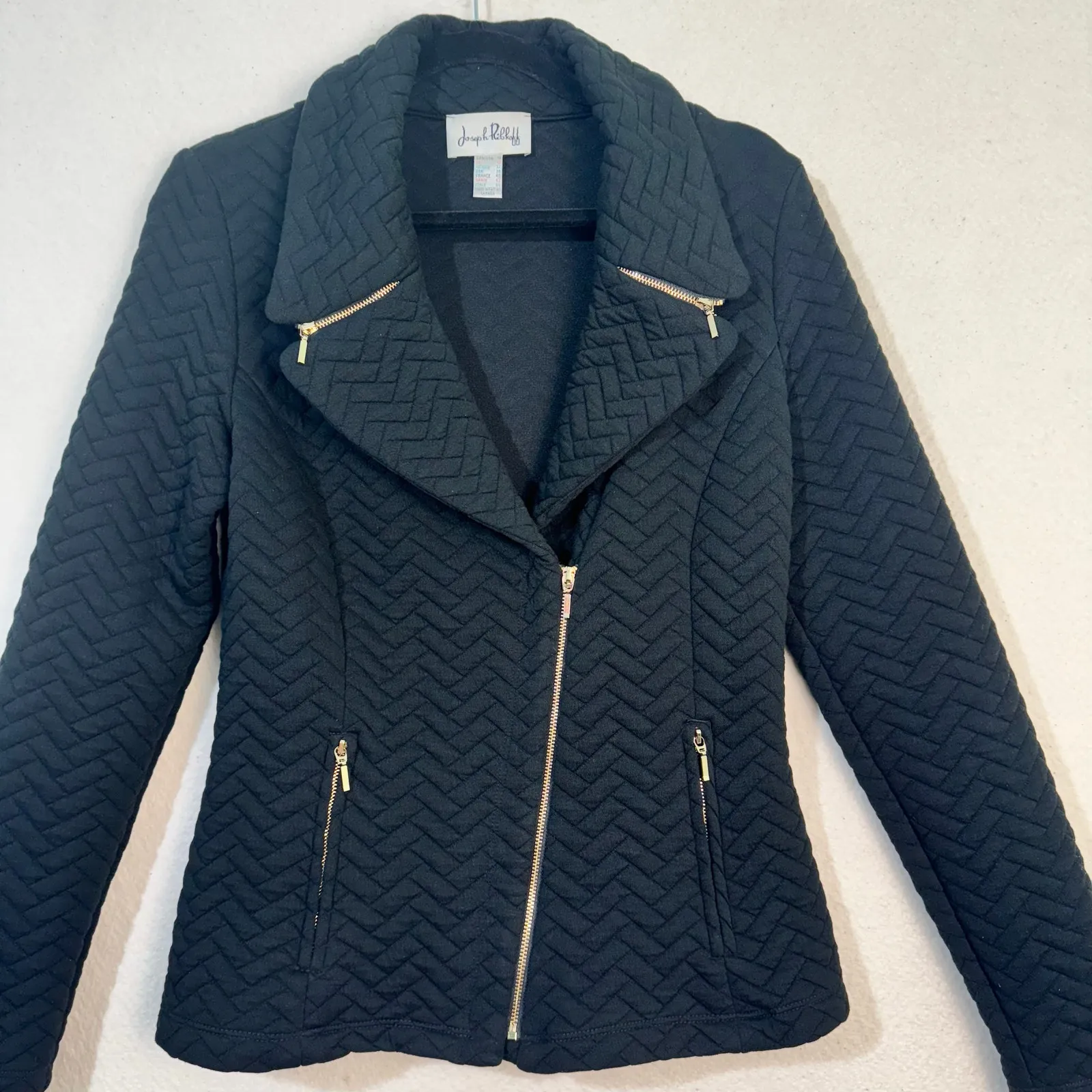 Joseph Ripkoff Black Quilted Fitted Moto Jacket Gold Zipper Trim Women's Size 10 - Image 3