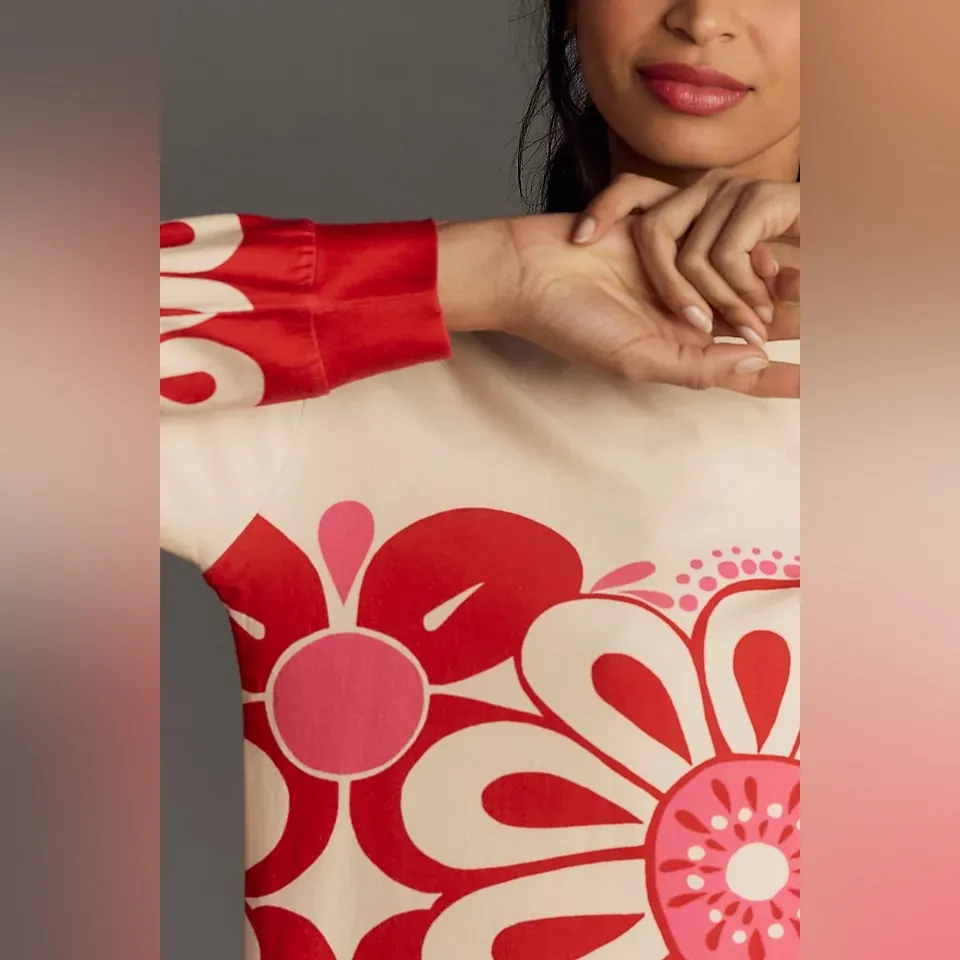 Farm Rio Anthropologie Oversized Baggy Retro Floral Red Pink Cream Sweatshirt M - Image 4