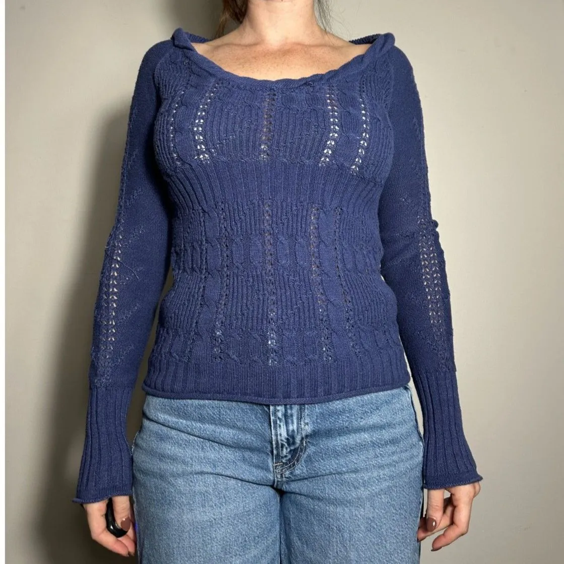 Y2K DNKY Jeans Purple Blue Crochet Hoodie Size Small - Image 6