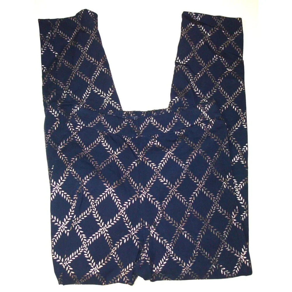 New Womens Isaac Mizrahi Live! Stretch Navy Blue Silver Foil Leaf Pants 4 T Tall - Image 2