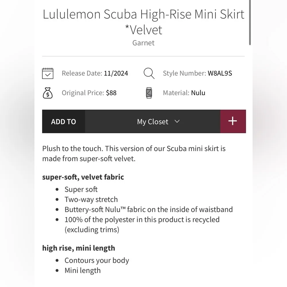 Lululemon NWT Scuba High Rise Velvet Garnet Mini Skirt Size XL - Image 6