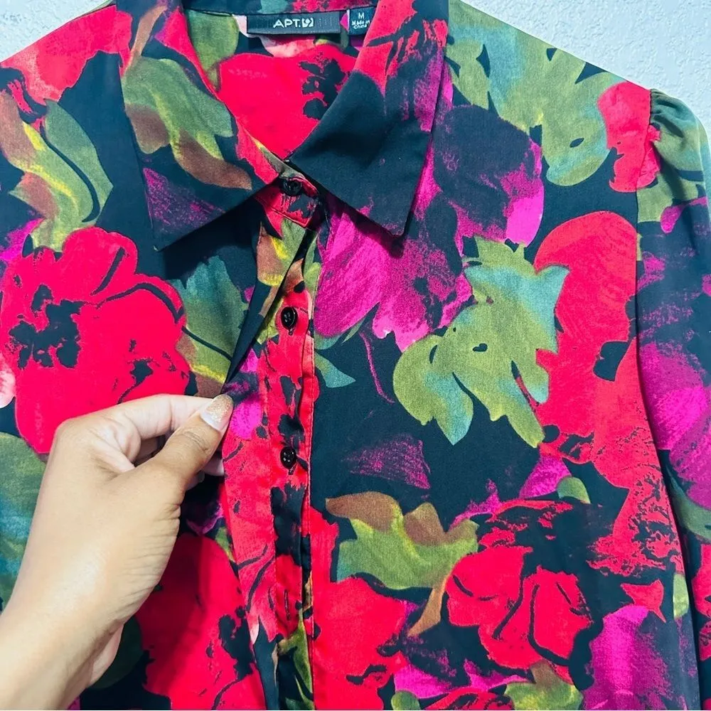 90s Red Black Floral Blouse - Oversized Poppy Print - Dark Winter Floral - M - Image 4