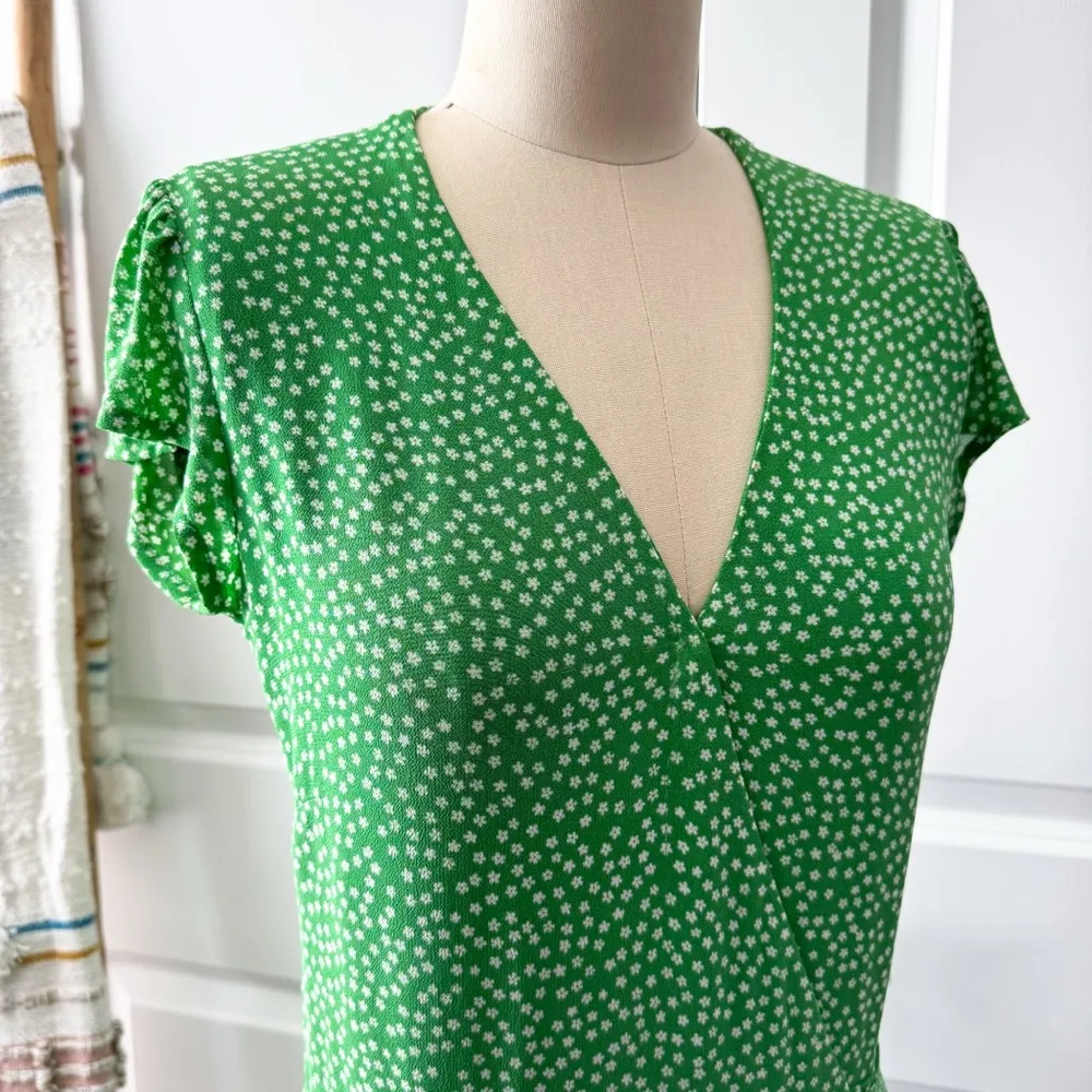Reformation Dawn Green White Floral Short Sleeve Wrap Mini Dress Women’s Size XS - Image 2
