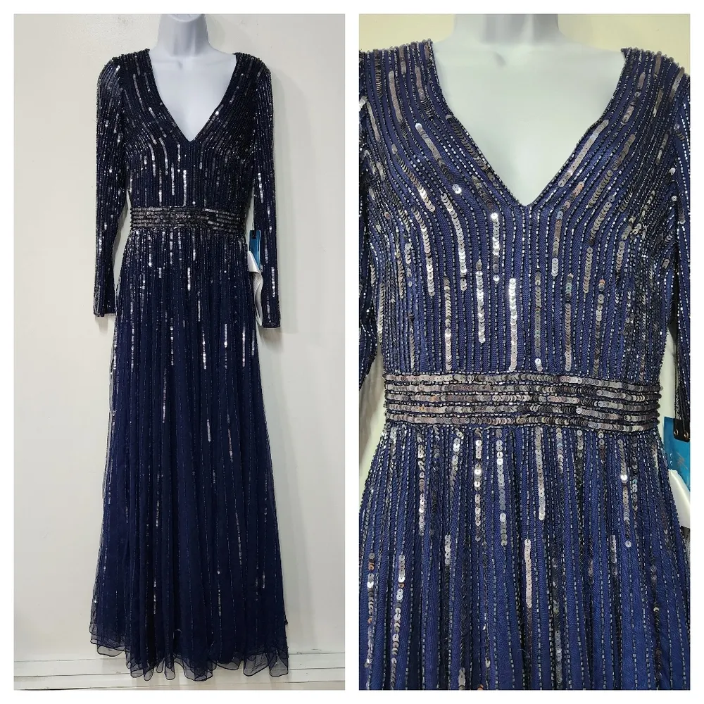 MAC DUGGAL SEQUINED V NECK ILLUSION SLEEVE A LINE GOWN Size 4 - Image 4