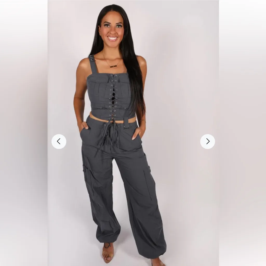 Win Win Women’s M Lace Up Corset Crop Top Bikercore Grunge Buckle Slate Gray New - Image 10