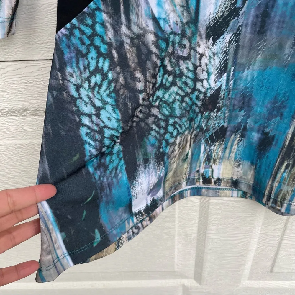 Boho Chic Women’s Shirt Blouse Blue Mixed Print Color Block Stretch Small - Image 9