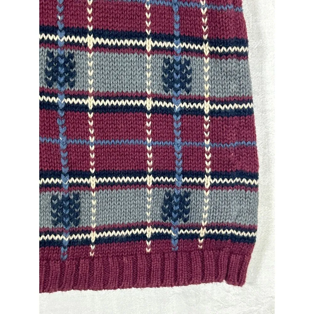 VTG Sweater Vest Large Burgundy Leaves Plaid Fall Blanket Stitch Mountain Lake Red - Image 2