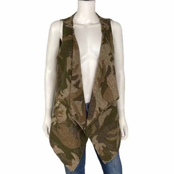 Hem & Thread Open Front Camo Green Tan Knit Vest Drape Front Boho Style Size M - Image 2