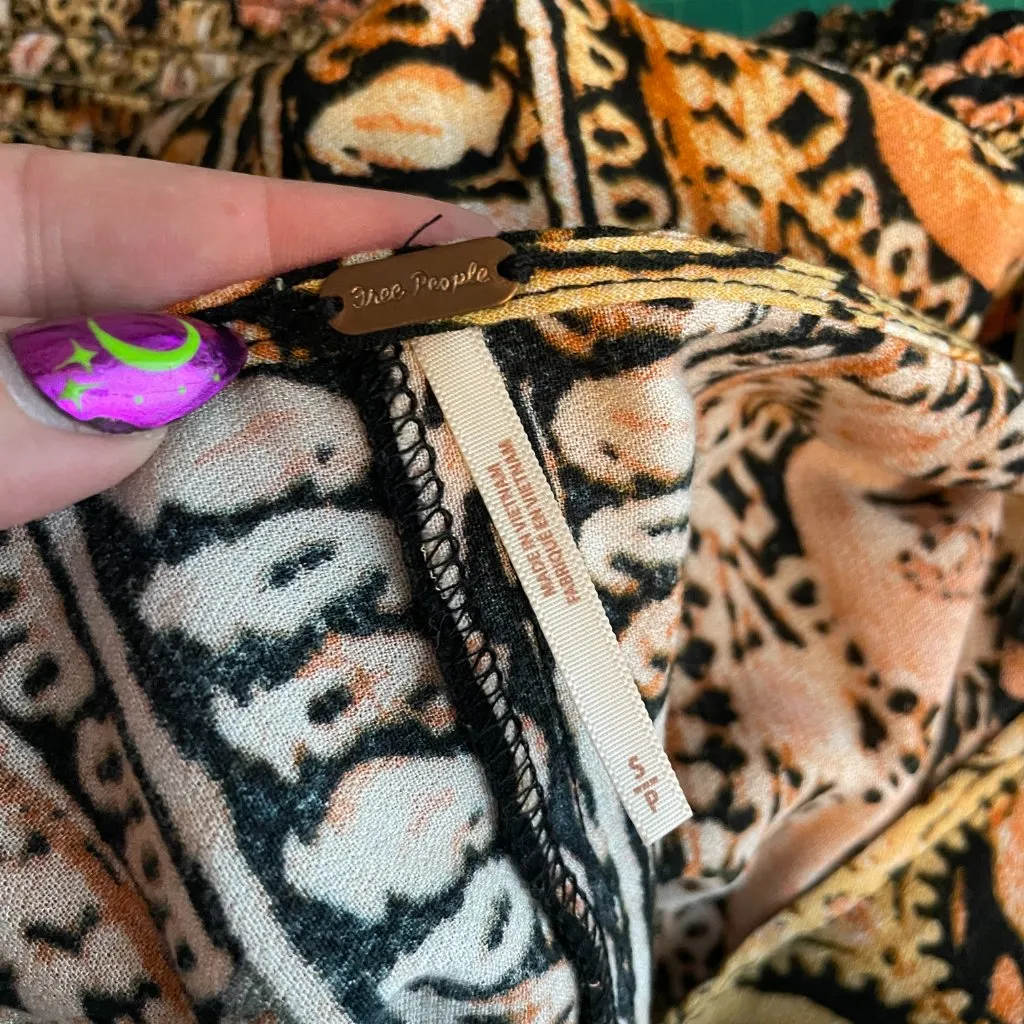 Free People Women S Orange Black Wild and Free Long Sleeve Boho Printed Blouse - Image 8