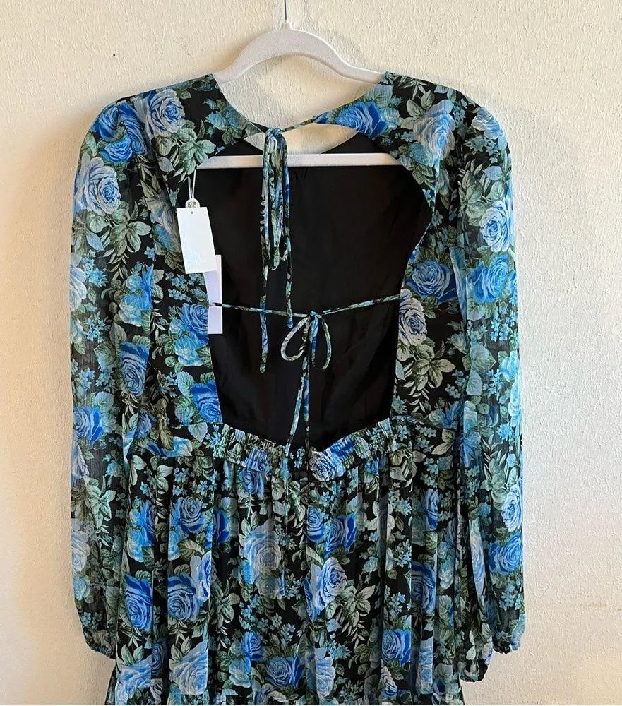 WAYF Dress Blue Floral Print Long Blouson Sleeve Open Back Tiered Midi Sz L NWT - Image 11