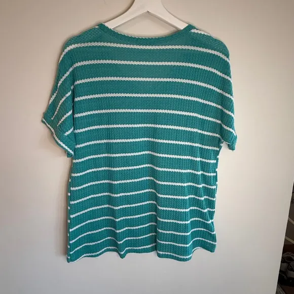 BomBom Teal Striped V Neck Top Casual Short‎ Sleeve Waffle Knit Relaxed Fit Green Size L - Image 5