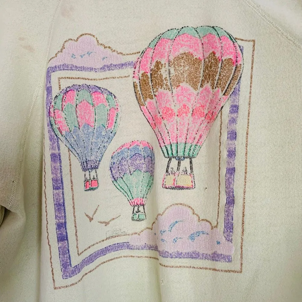 1980 Vintage Highlighter Yellow Hot Air Balloon Graphic Crewneck Sweatshirt M/L Size M - Image 2